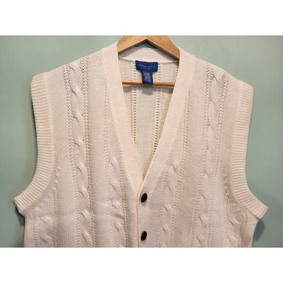 Vtg Mens Ivory Cableknit Button Up Sweater Vest Pockets Grandpa Sz XL - Picture 2 of 6